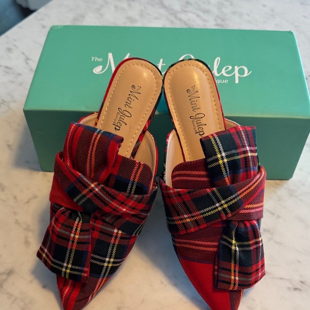 Chic Red Plaid Mules by Miss L Fire